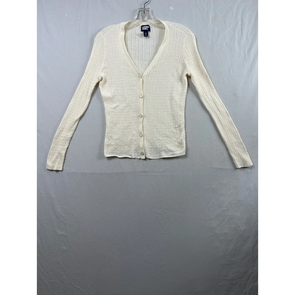 Lands End Cardigan Sweater Womens XS Cream Cable Knit V-Neck Gold Button Slim